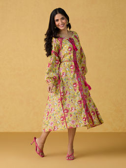Likha - Yellow Blossom Hand Block Printed Midi Dress LIKDRS69 (Set of 2)