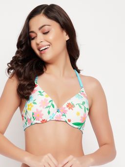Clovia - Polyamide Printed Padded Demi Cup Underwired Push-Up Bra - White
