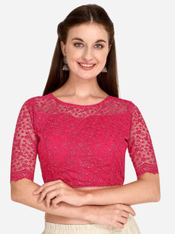 Amrutam Fab - Womens Embroidered & Sequences Work Pink Net Stiched Blouse With Boat Neck