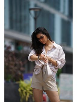 Gazillion - Women Amanda Beige & White Striped Cotton Oversized Shirt