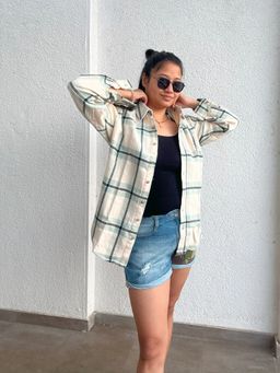 Gazillion - Barbara Brushed Sage Green Cotton Checks Drop Shoulder Shirt for Women