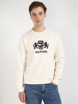 Tommy Hilfiger - Off White Embroidered Logo Regular Fit Cotton Sweatshirt