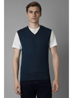 Louis Philippe - Men's Navy Blue Textured V Neck Sleeveless Sweater