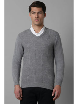 Louis Philippe - Men's Grey Textured V Neck Full Sleeves Sweater