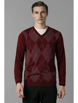 Louis Philippe - Men's Maroon Printed V Neck Full Sleeves Sweater