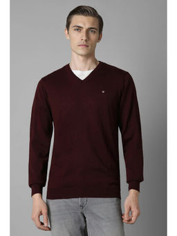 Louis Philippe - Men's Maroon Solid V Neck Full Sleeves Sweater
