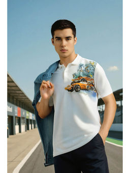 Louis Philippe - Men's White Graphic Print Polo T-Shirt