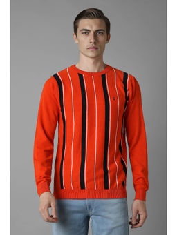 Louis Philippe - Men's Orange Stripe Full Sleeves Sweater