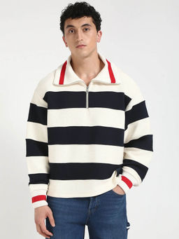 Tommy Hilfiger - Navy Blue Striped Relaxed Fit Cotton Sweatshirt