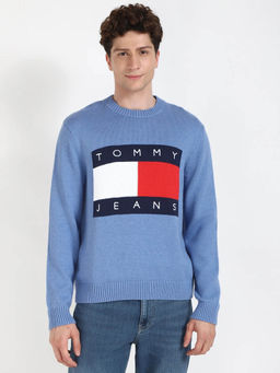 Tommy Hilfiger - Blue Embroidered Logo Regular Fit Cotton Sweater