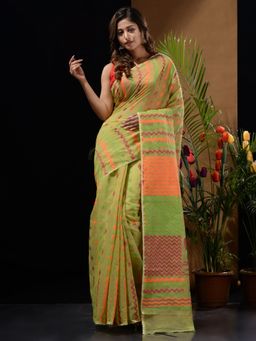 CHARUKRITI - Sap Green Handwoven Saree with Chevron Patterns & Bird Motifs