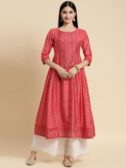 Rangita - Chanderi Coral Sequin Yoke Calf Length Kurta