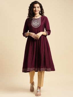 Rangita - Wine Rayon Embroidered Knee Length Flared Kurta