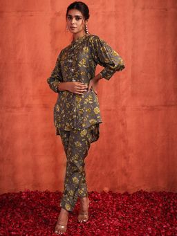 Indya - Grey Floral Print Muslin Shirt Kurta With Cuff Pants (Set of 2)