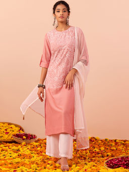 Indya - X Samant Chauhan Peach Embroidered Kurta With Palazzo And Dupatta (Set of 3)
