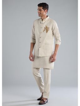KALKI FASHION - Men Beige Embroidered Kurta and Pant with Jacket