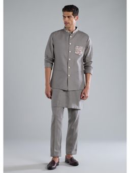 KALKI FASHION - Men Grey Floral Kurta and Pant with Jacket
