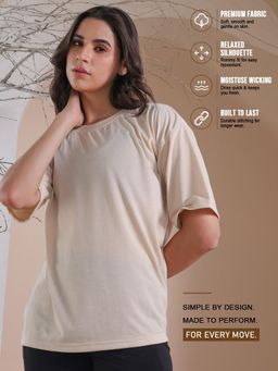 CHKOKKO - Womens Trendy Oversized Drop Shoulder T Shirt Casual Loose Fit Beige