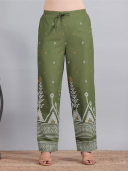 ARAMYA - Green Soft Cotton Printed Pant for Women