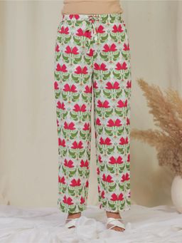 ARAMYA - White Soft Cotton Floral Pant for Women