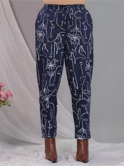ARAMYA - Navy Blue Soft Cotton Printed Pant for Women