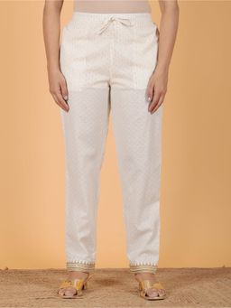 ARAMYA - White Cotton Self Design Pant for Women