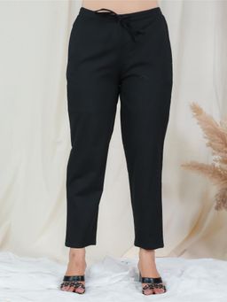 ARAMYA - Black Linen Cotton Solid Pant for Women