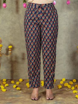 ARAMYA - Navy Blue Soft Cotton Floral Pant for Women