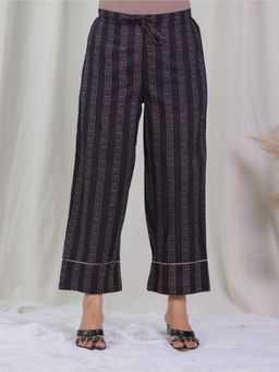 ARAMYA - Black Soft Cotton Geometric Pant for Women
