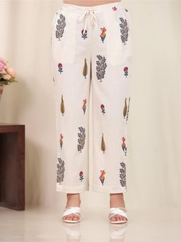 ARAMYA - Off White Linen Cotton Floral Pants for Women