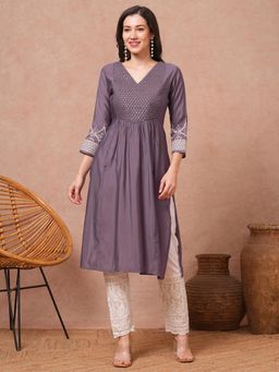 FASHOR - Purple Sequin Floral Embroidered A-Line Pleated Kurta