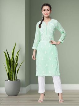 PARAMOUNT CHIKAN - Womens Green Embroidered Lucknowi Chikankari Cotton Straight Kurta