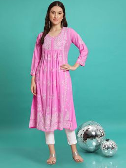 PARAMOUNT CHIKAN - Womens Pink Embroidered Lucknowi Chikankari Kurta A-Line Kurta