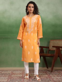 PARAMOUNT CHIKAN - Womens Mustard Embroidered Lucknowi Chikankari Cotton Straight Kurta