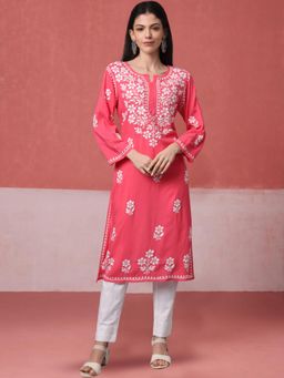 PARAMOUNT CHIKAN - Womens Pink Hand Embroidered Lucknowi Chikankari Kurta