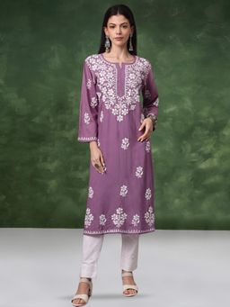 PARAMOUNT CHIKAN - Womens Mauve Hand Embroidered Lucknowi Chikankari Kurta