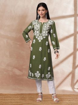 PARAMOUNT CHIKAN - Womens Olive Hand Embroidered Lucknowi Chikankari Kurta