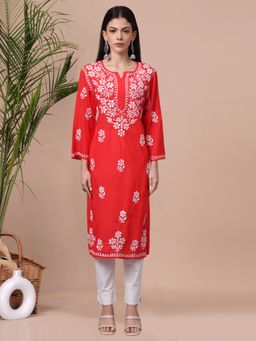 PARAMOUNT CHIKAN - Womens Red Hand Embroidered Lucknowi Chikankari Kurta