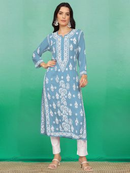 PARAMOUNT CHIKAN - Womens Blue Hand Embroidered Lucknowi Chikankari Kurta