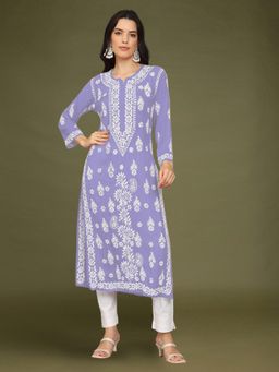 PARAMOUNT CHIKAN - Womens Mauve Hand Embroidered Lucknowi Chikankari Kurta
