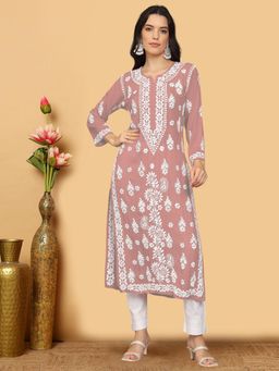 PARAMOUNT CHIKAN - Womens Pink Hand Embroidered Lucknowi Chikankari Kurta