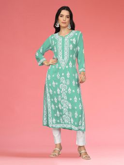 PARAMOUNT CHIKAN - Womens Sea Green Hand Embroidered Lucknowi Chikankari Kurta