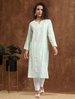 PARAMOUNT CHIKAN - Womens Sea Green Embroidered Lucknowi Chikankari Kurta