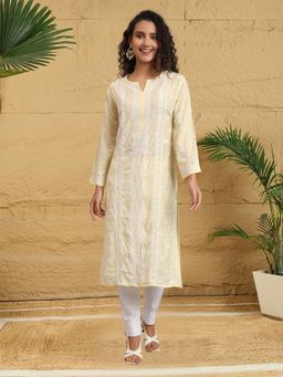 PARAMOUNT CHIKAN - Womens Yellow Embroidered Lucknowi Chikankari Kurta