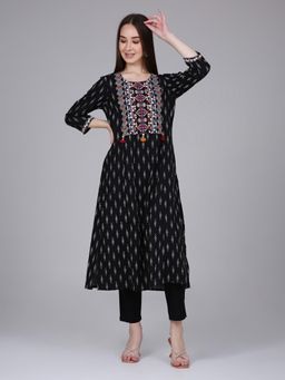 Saffron Threads - Black Ikat Print Cotton Kurta