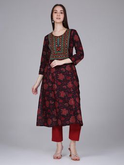 Saffron Threads - Maroon Neck Embroidery Cotton Kurta