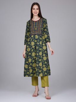 Saffron Threads - Green Neck Embroidery Cotton Kurta