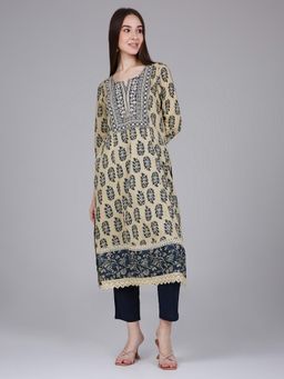 Saffron Threads - Cream Paisley Leaf Print Kurta with Neck Embroidery