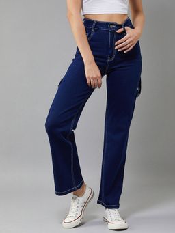 DOLCE CRUDO - Womens Navy Blue Wide Leg High Rise Clean Look Regular Stretchable Denim Jeans