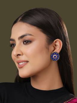 VIRAASI - Silver Toned Meenakari Enamelling Oxidised Stud Earrings